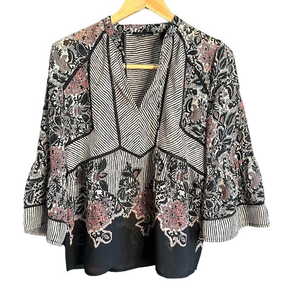 LUCKY BRAND | Boho Floral Printed Split Neck Bell Sleeve Top | Size Small - Picture 1 of 7